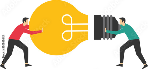 Two businessmen associate the idea of a light bulb part. Business strategy, teamwork concept vector illustration.

