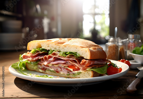 Delicious Italian sandwich with prosciutto on a plate on kitchen table  blurred background 