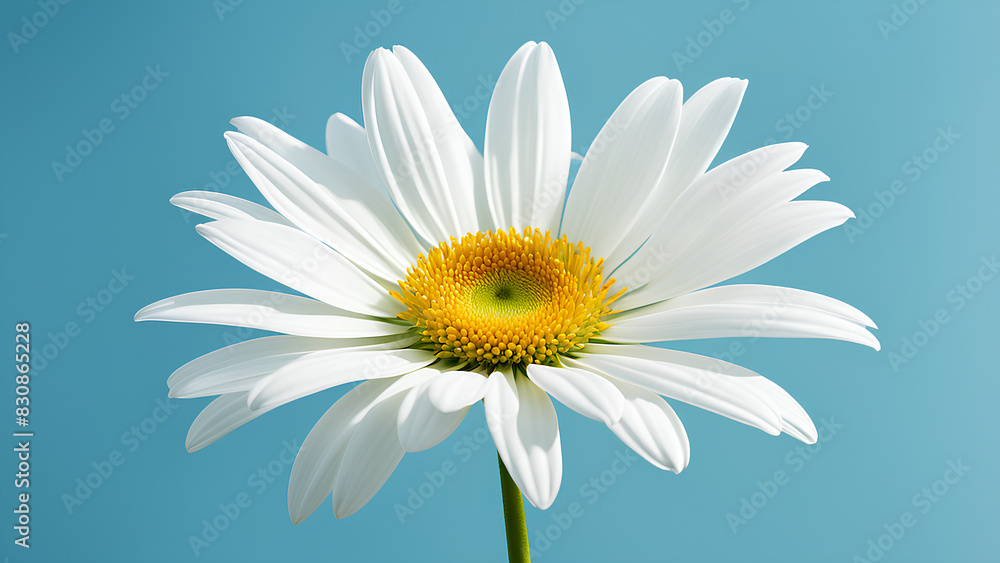 a single daisy with pristine white petals and a vibrant yellow center, positioned centrally against a minimalist pastel blue background. a single daisy with pristine white petals and a vibrant yellow center, positioned centrally against a minimalist pastel blue background.