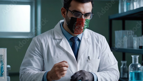 Afghanistan health care, Doctor wearing a Afghanistan flag protective face mask. Medical staff protective gear against virus photo