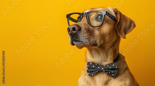 A brown dog wearing oversized glasses and a bowtie against a bright yellow background photo