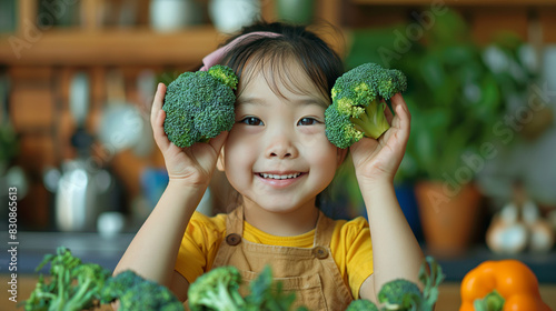 Asian chinese female child act cute with hand holding broccoli putting in front of her eyes with smiling face at kitchen. photo
