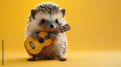 A hedgehog with a tiny guitar on a yellow background