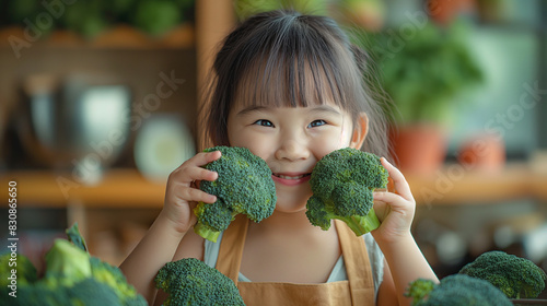Asian chinese female child act cute with hand holding broccoli putting in front of her eyes with smiling face at kitchen. photo