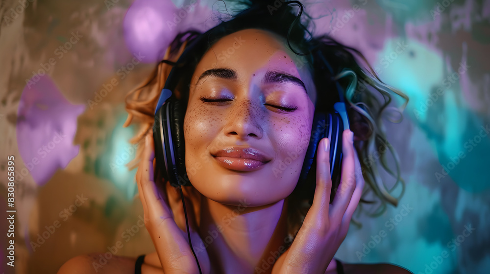 Smiling young woman with eyes closed listening to music through headphones in front of wall