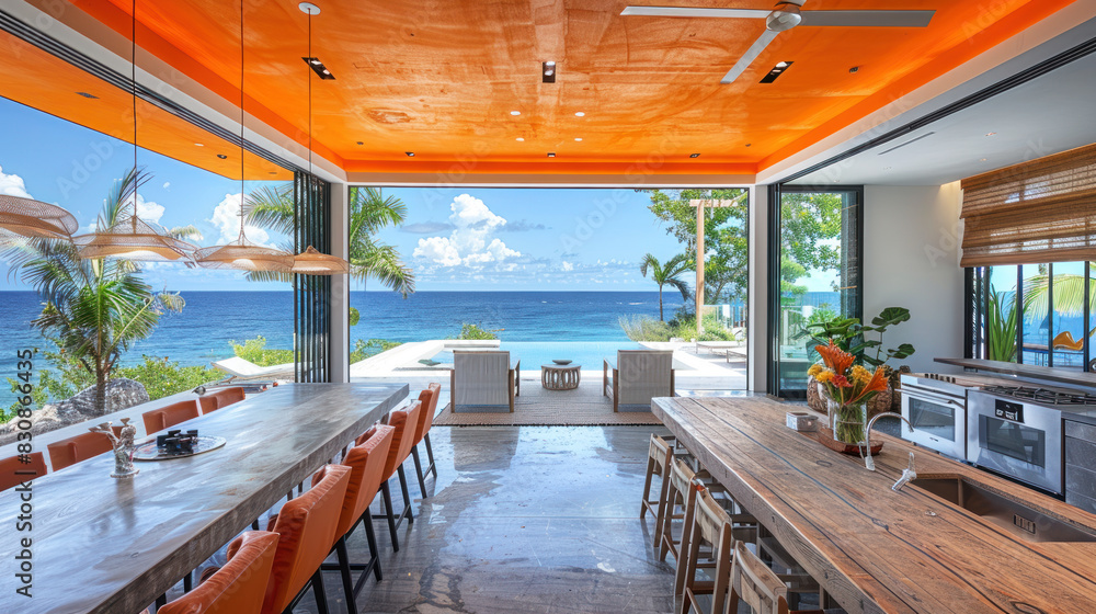 Fototapeta premium Natural orange shade dining room of a house resort by tropical beach