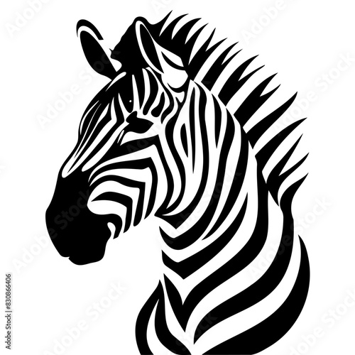 A detailed black and white illustration depicting the head of a zebra