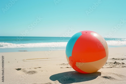 Colorful beach ball lying on the white sand of an empty tropical sandy shore with gentle waves lapping at its edge under a bright blue sky.