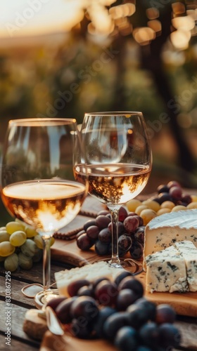 Elegant wine tasting setup in an old vineyard  with glasses of red and white wine  grapes  and aged cheeses on a wooden table  bathed in the golden hour light  ai generated