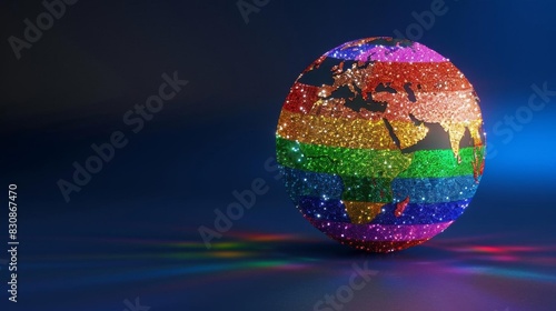 Colorful 3D rendering of planet Earth with glowing rainbow continents and stars on dark blue background.