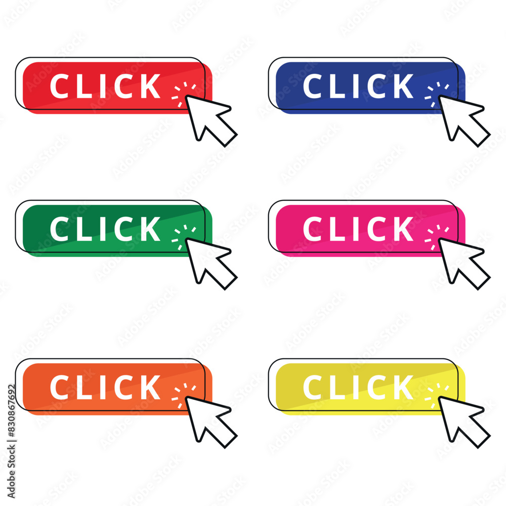 Collection of 6 click button icons with different colors for websites and graphic resources. Collection of 6 click button icons with different colors for websites and graphic resources.