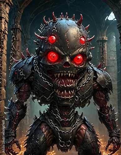 A fearsome demon with multiple red eyes and spiked armor stands in a dark, gothic environment. The detailed design and menacing expression evoke a sense of horror and fantasy, making it a striking and