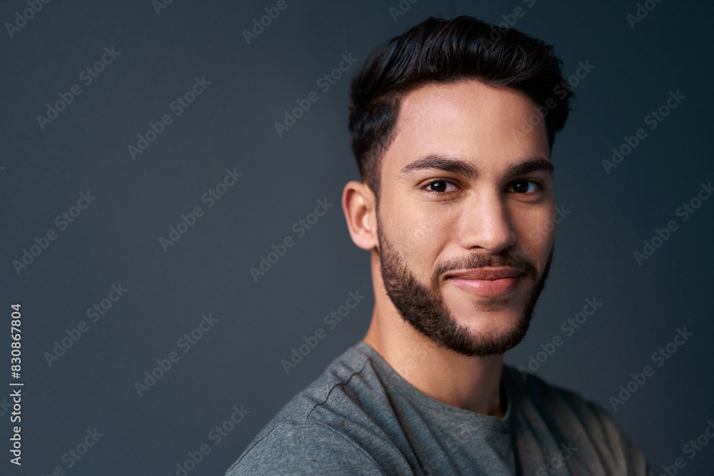 Studio, business man and portrait with smile, creative and employee with ideas for journalism. Professional, career and male journalist with confidence, article goals and mockup by gray background