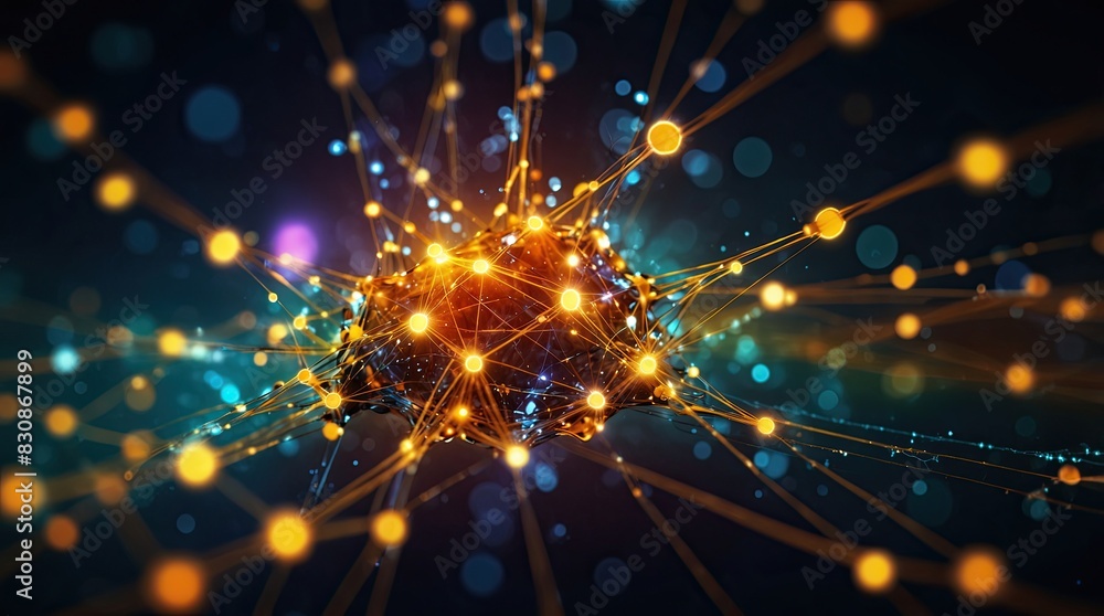 Obraz premium Complex digital web of interconnected nodes and circuits