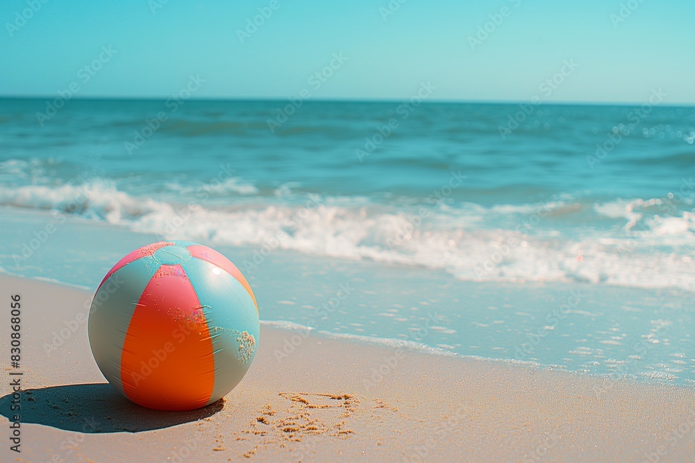 Obraz premium Colorful beach ball lying on the white sand of an empty tropical sandy shore with gentle waves lapping at its edge under a bright blue sky.