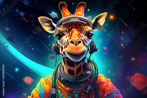 Giraffe Astronaut with Headphones in Colorful Space Background