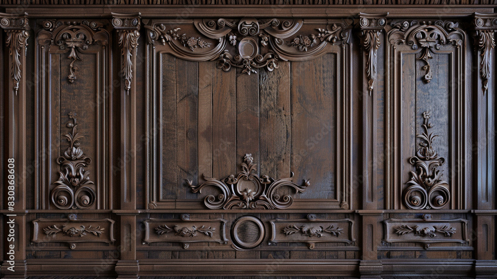 old wooden wall with decorative panels and carved elements. The interior is in the style of classical old wooden wall with decorative panels and carved elements. The interior is in the style of classical