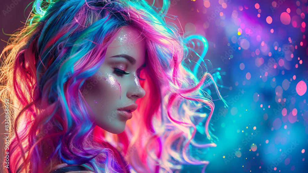 A beautiful woman with colorful on a glowing neon background