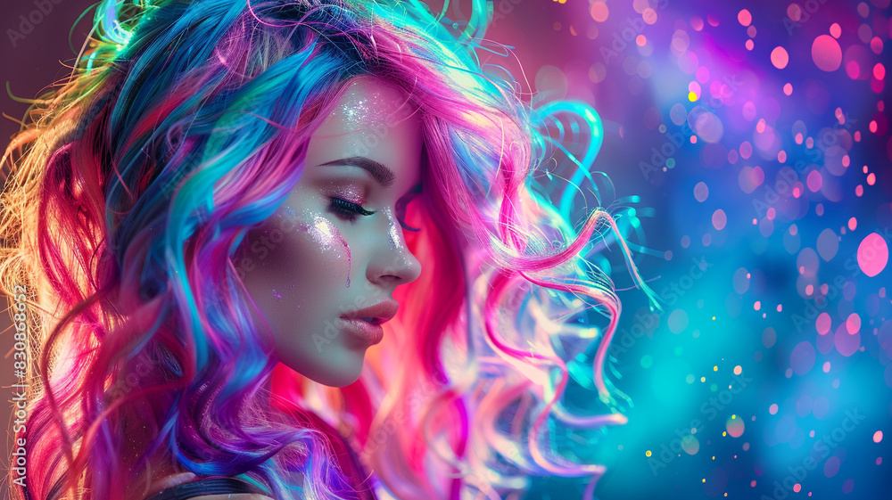 A beautiful woman with colorful on a glowing neon background A beautiful woman with colorful on a glowing neon background