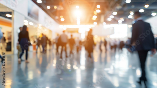 A blurred background of business people walking around at an exhibition hall