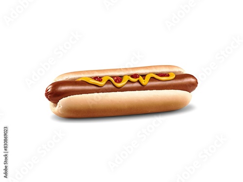 Delicious hot dog isolated on white background with ketchup and mustard.