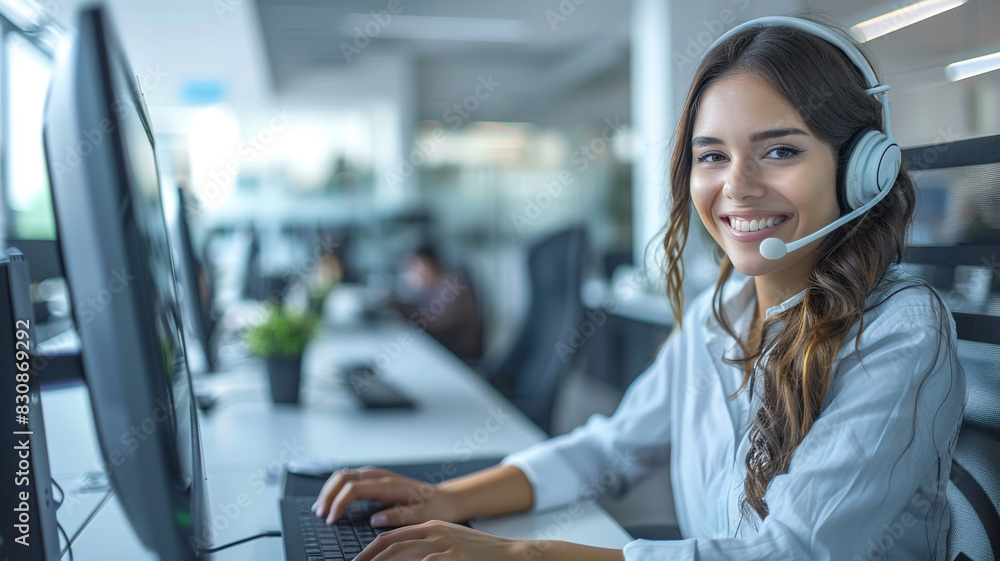 A happy female customer service employee works with computer in office A happy female customer service employee works with computer in office