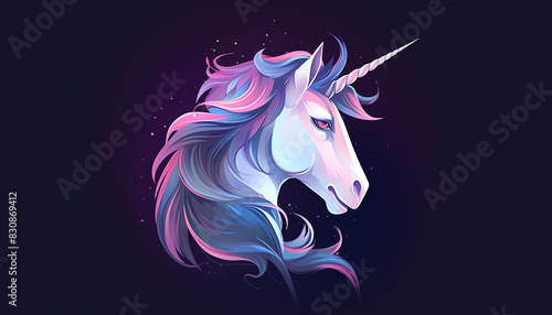 Illustrate a mystical unicorn from a dynamic high angle, emphasizing its ethereal aura and flowing mane in a fresh, contemporary graphic design style © Nathakorn