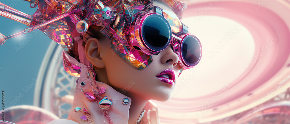 Woman in futuristic goggles with pink and blue colors.