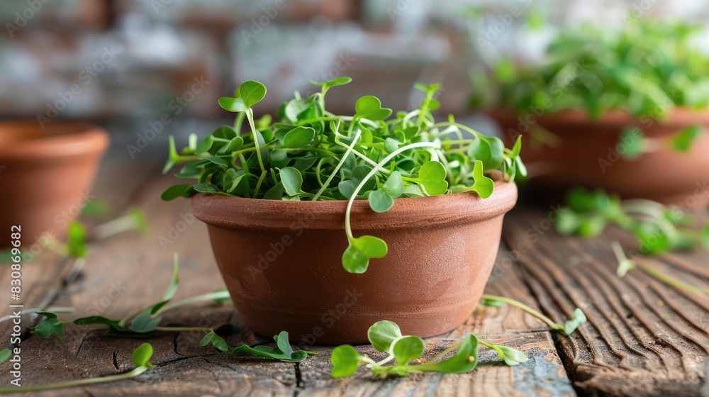 Nutrient rich microgreen arugula scattered on a wooden table in a clay cup emphasizing healthy eating and snacks Nutrient rich microgreen arugula scattered on a wooden table in a clay cup emphasizing healthy eating and snacks