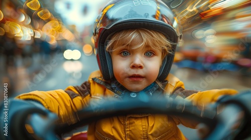 A young child, wide-eyed and wearing a helmet, is on a bike in a cityscape with vibrant evening lights