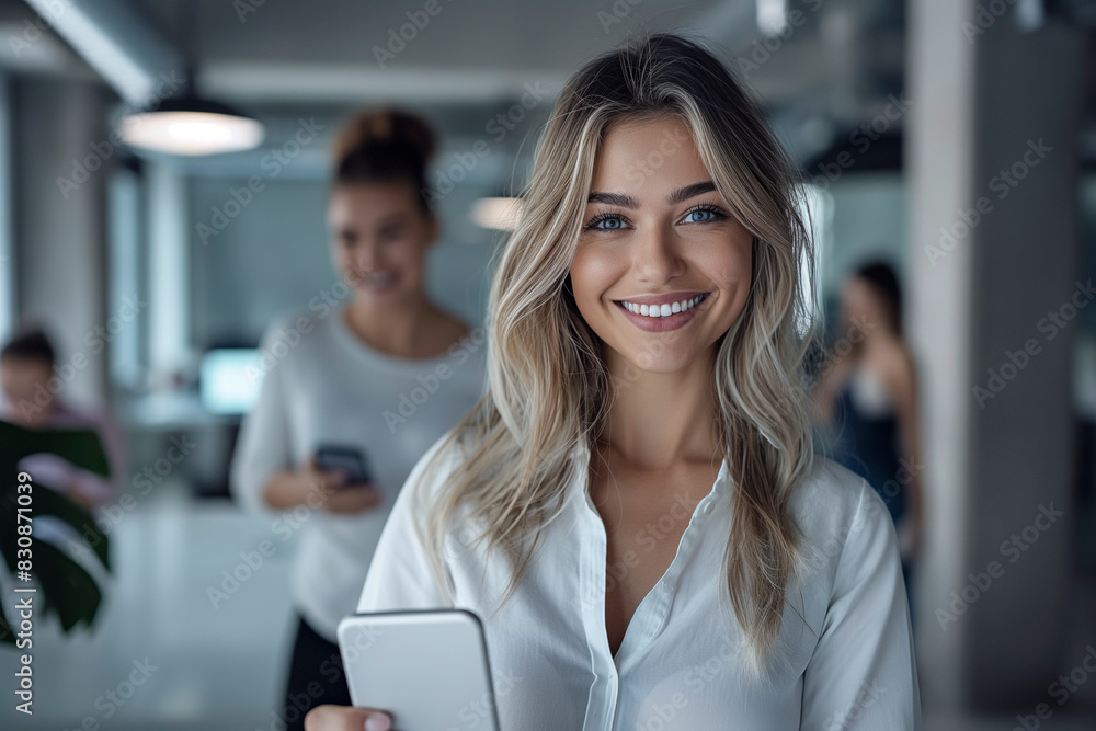 Obraz premium Beautiful business girl in a suit smiles. Against the background of the office