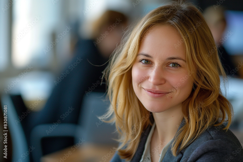 Beautiful business girl in a suit smiles. Against the background of the office Beautiful business girl in a suit smiles. Against the background of the office