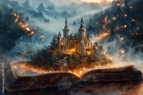 A fantasy novel book opened and laying flat on a wooden table  a miniature castle of a great kingdom with mist and fog appeared from the book.