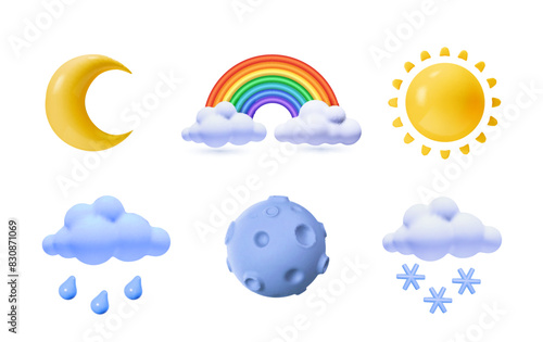 3d weather icons for web. Cloud, sun, rainbow , moon and rain. Cute cartoon day night morning design elements isolated on white background.