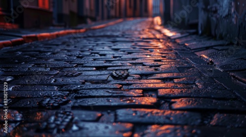 A dark alleyway with a stone path