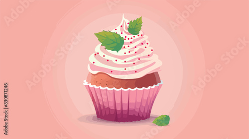 Cupcake with a mint leafs. Modern flat vector illustration