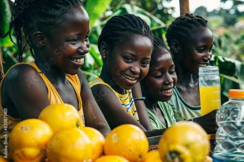 A group of African children at a table laden with oranges and bottles of orange juice. They are smiling and laughing.