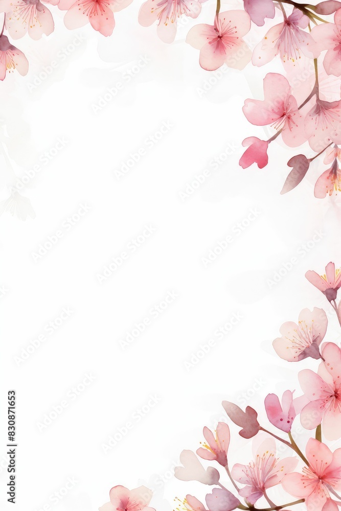 cherry blossom themed frame or border for photos and text.in soft pink and white tones. watercolor illustration, Perfect for nursery art, simple clipart, single object, white color background.
