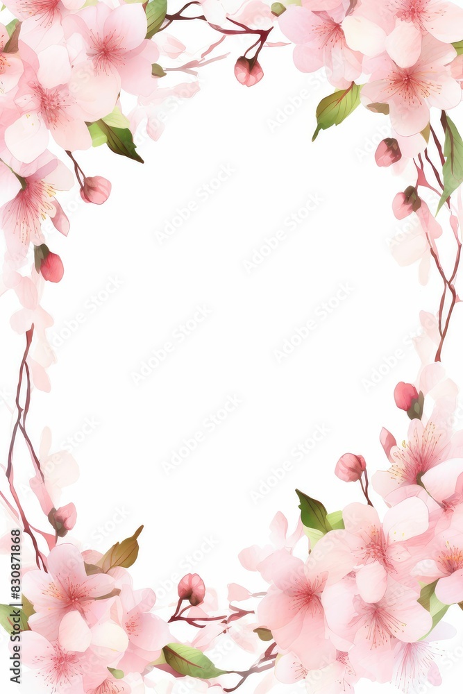 cherry blossom themed frame or border for photos and text.in soft pink and white tones. watercolor illustration, Perfect for nursery art, simple clipart, single object, white color background.