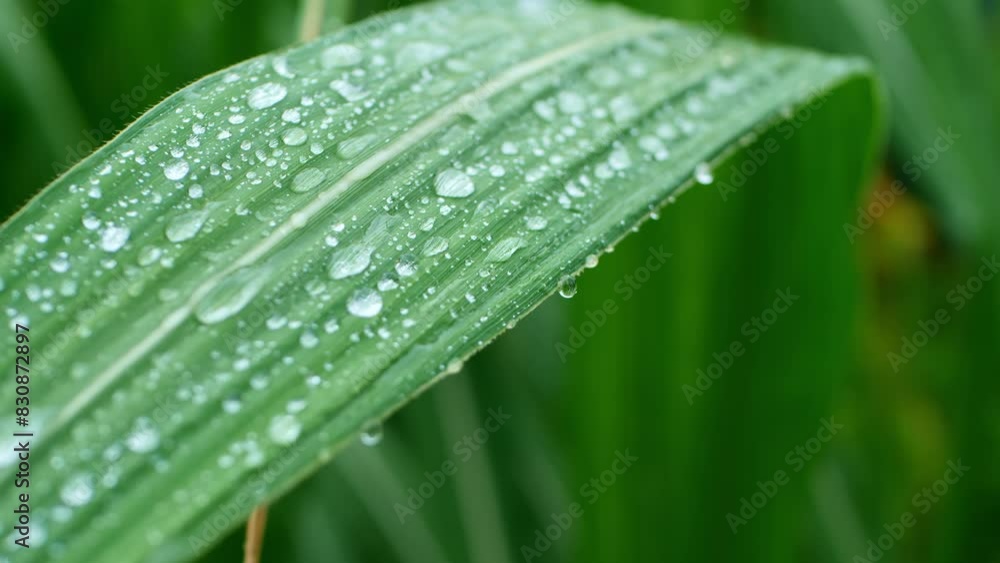 Rain falling, water droplets clinging to the leaves Rain falling, water droplets clinging to the leaves