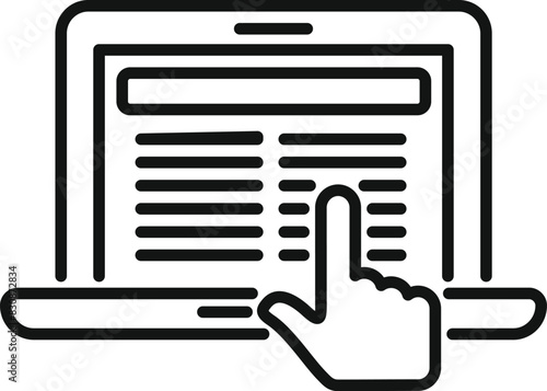 Line icon depicting a hand selecting digital content on a laptop screen