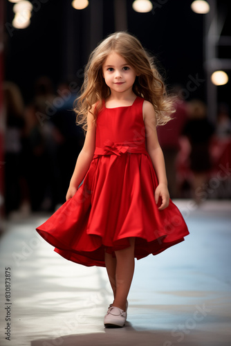 A little beautiful girl walks down the runway and smiles
