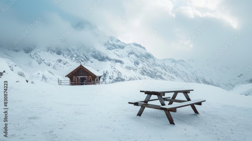Snowy Winter Mountain BBQ with Bench and Shelter Snowy Winter Mountain BBQ with Bench and Shelter