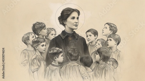 St. Elizabeth Ann Seton with Children, Founding Catholic Schools in America, Biblical Illustration, Beige Background, Copyspace