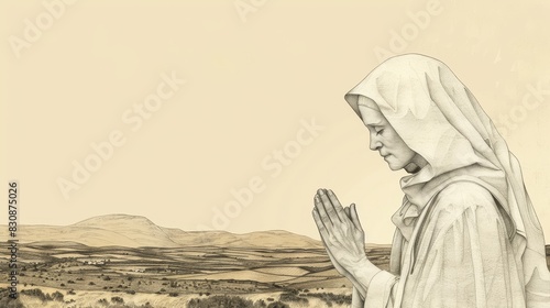 St. Bridget of Ireland in Prayer in Irish Countryside, Biblical Illustration, Beige Background, Copyspace