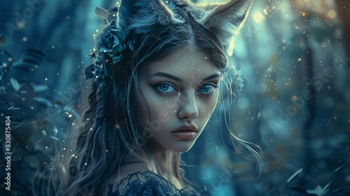 Woman adorned with wolf ears and elements of wolf cosplay, her gaze captivating and filled with the raw, untamed spirit of the wild, set against a moonlit forest backdrop, ai generated