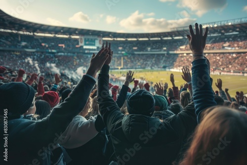 A lively scene of a crowd cheering at a football game. Perfect for sports events advertising photo