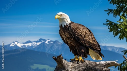 Majestic Bald Eagle Perched on Tree Branch with Sharp Eyes Scanning Landscape, Symbolizing Strength and Freedom in Natural Habitat © bcendet