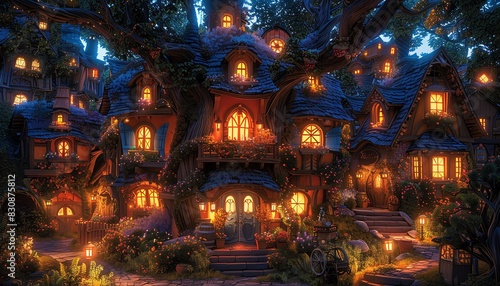 Enchanted treehouse with glowing windows at night.