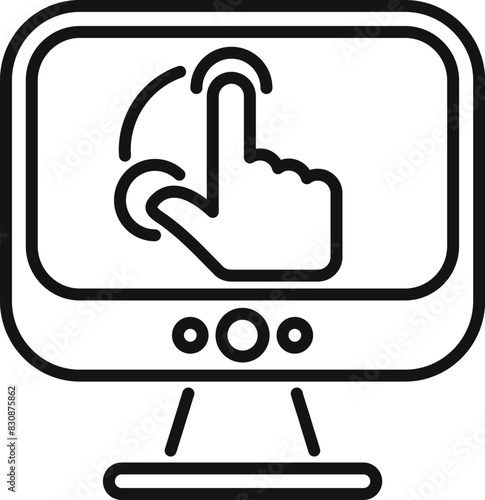 Outline vector icon of a touch screen monitor with a hand symbol indicating interactivity